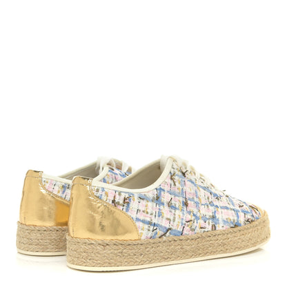 Chanel Tweed Laminated Lambskin Lace Up Espadrilles 35 Pink Blue Gold White 5 of 13