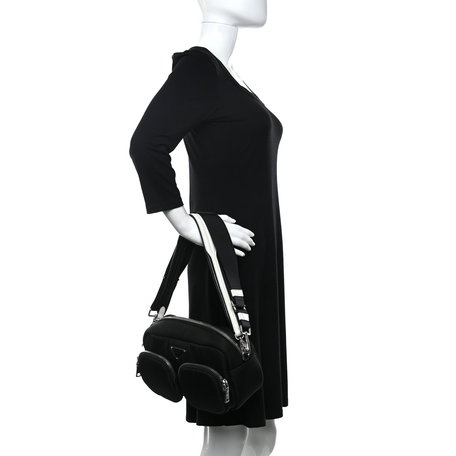 Prada Tessuto Nylon Pocket Cargo Shoulder Bag Black White 2 of 10