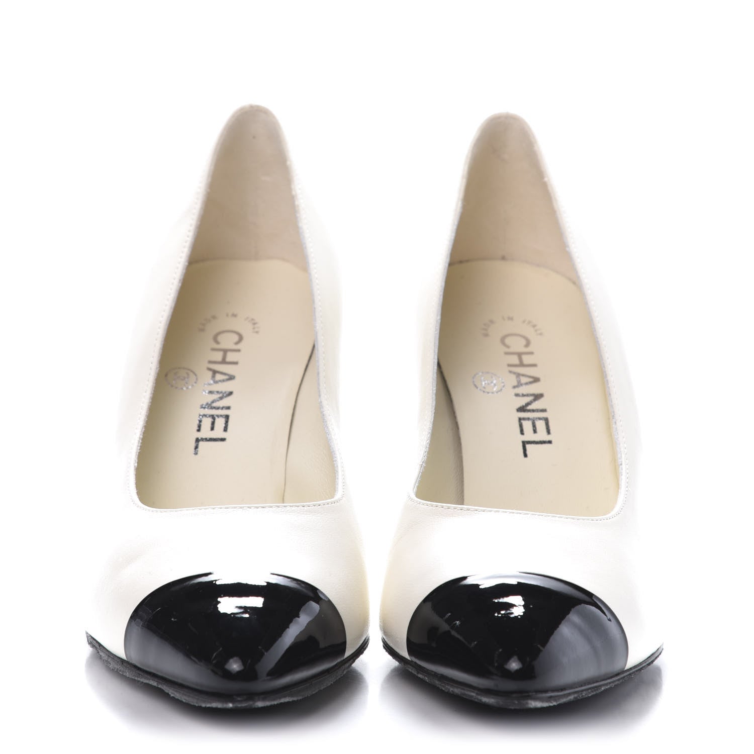 Chanel Lambskin Patent Cap Toe Pearl Pumps 37 Ivory Black 2 of 10