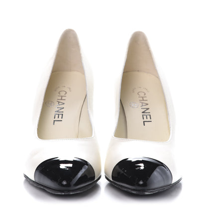 Chanel Lambskin Patent Cap Toe Pearl Pumps 37 Ivory Black 2 of 10
