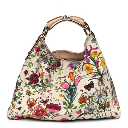 Gucci Canvas Flora Floral Large Horsebit Chain Hobo White 1 of 10