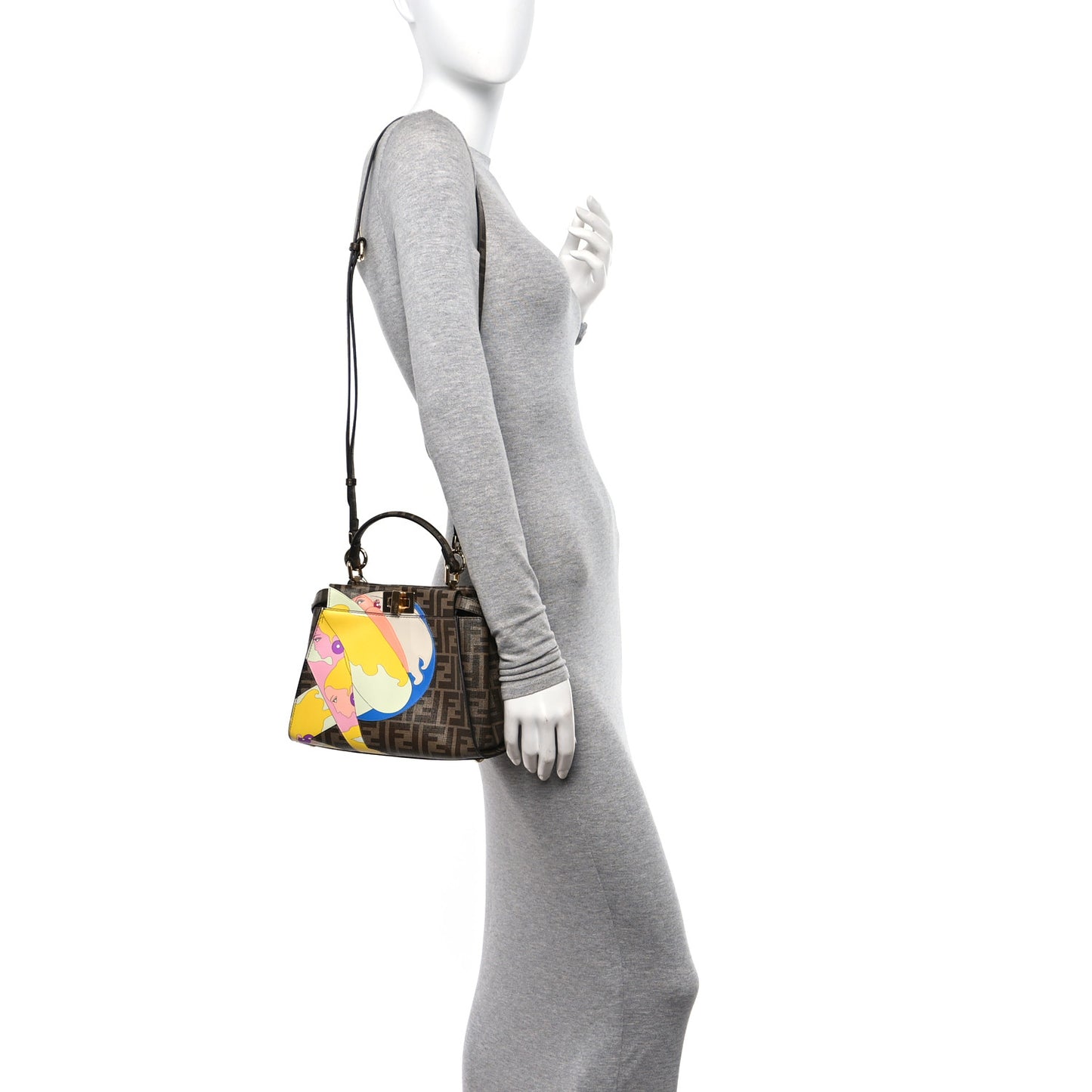 Glazed Fabric Vitello FF 1974 Hairdo Girls Inlay Mini Peekaboo Iconic Satchel Mogano Panna Multicolor