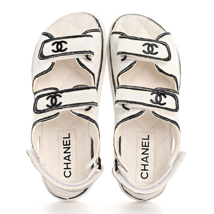 Chanel Calfskin Printed Velcro Dad Sandals 38 White Black 2 of 11