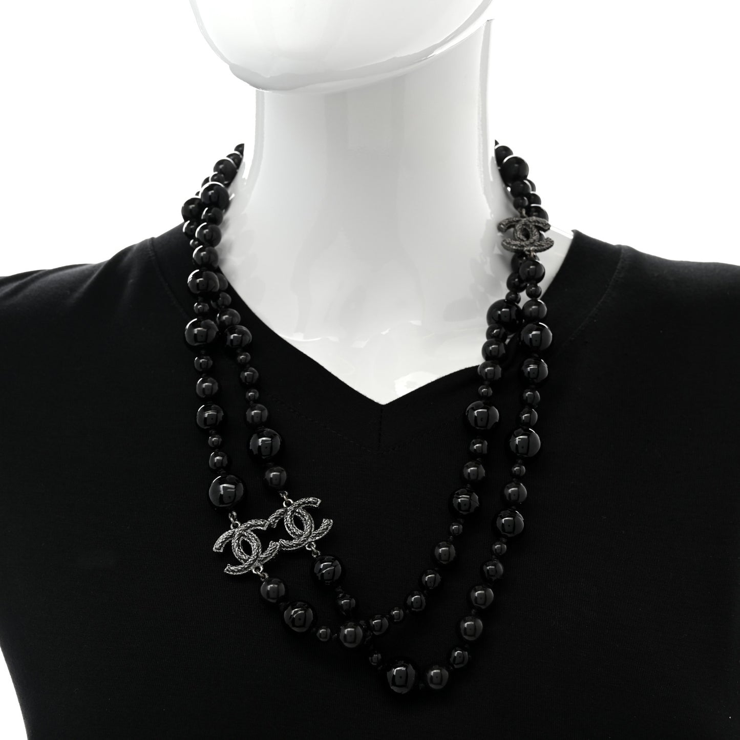 Ruthenium Pearl Beaded CC Long Necklace Black