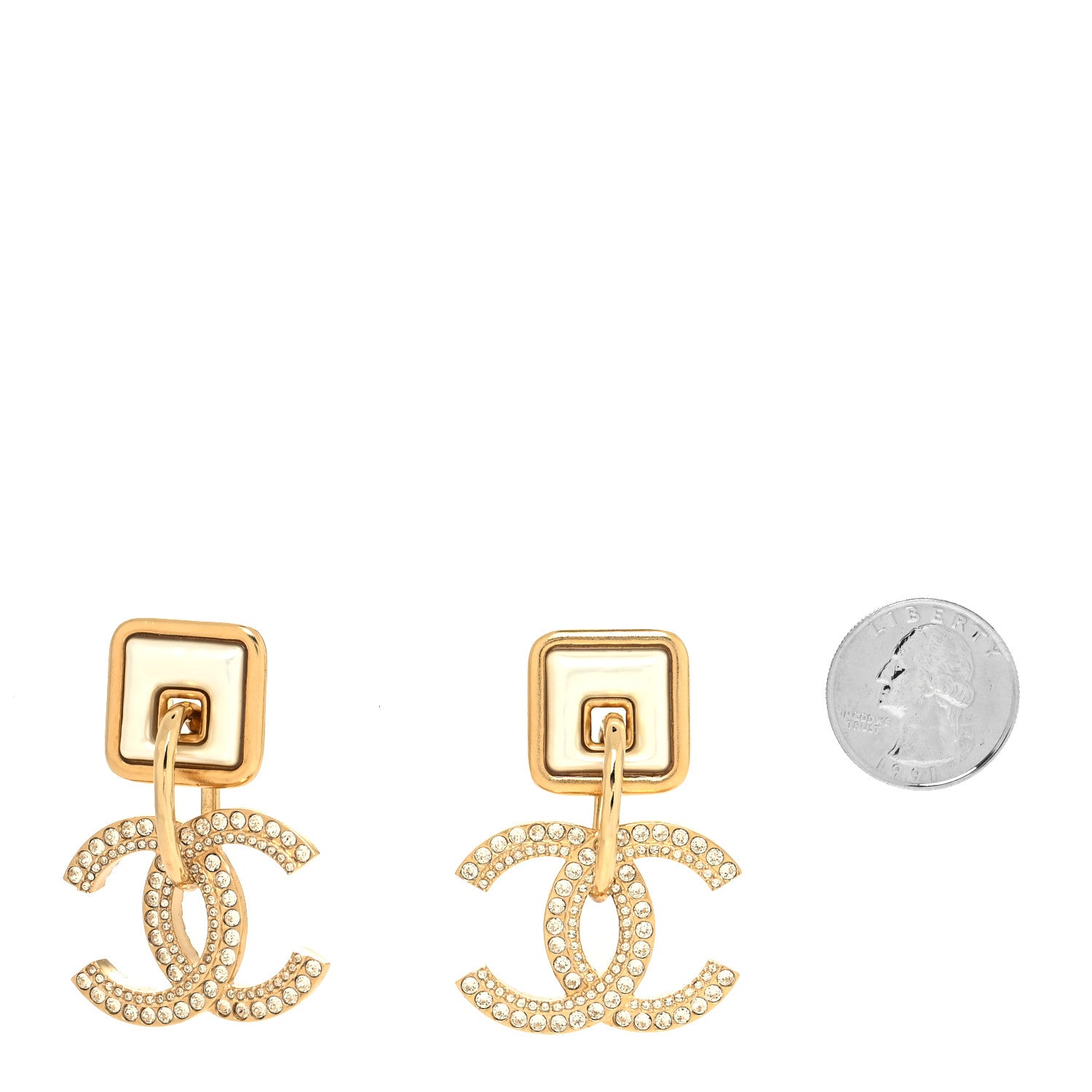 Chanel Crystal Pearl CC Square Drop Earrings Gold Pearly White 2 of 4