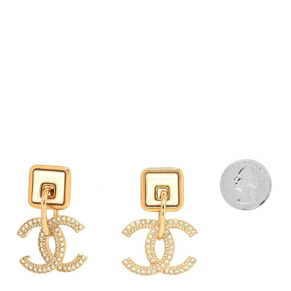 Chanel Crystal Pearl CC Square Drop Earrings Gold Pearly White 2 of 4