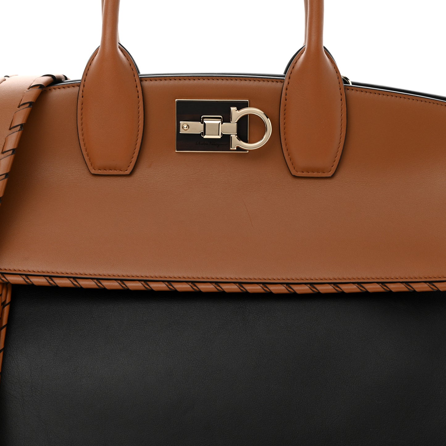Calfskin Woven Large Studio Top Handle Bag Tan Black