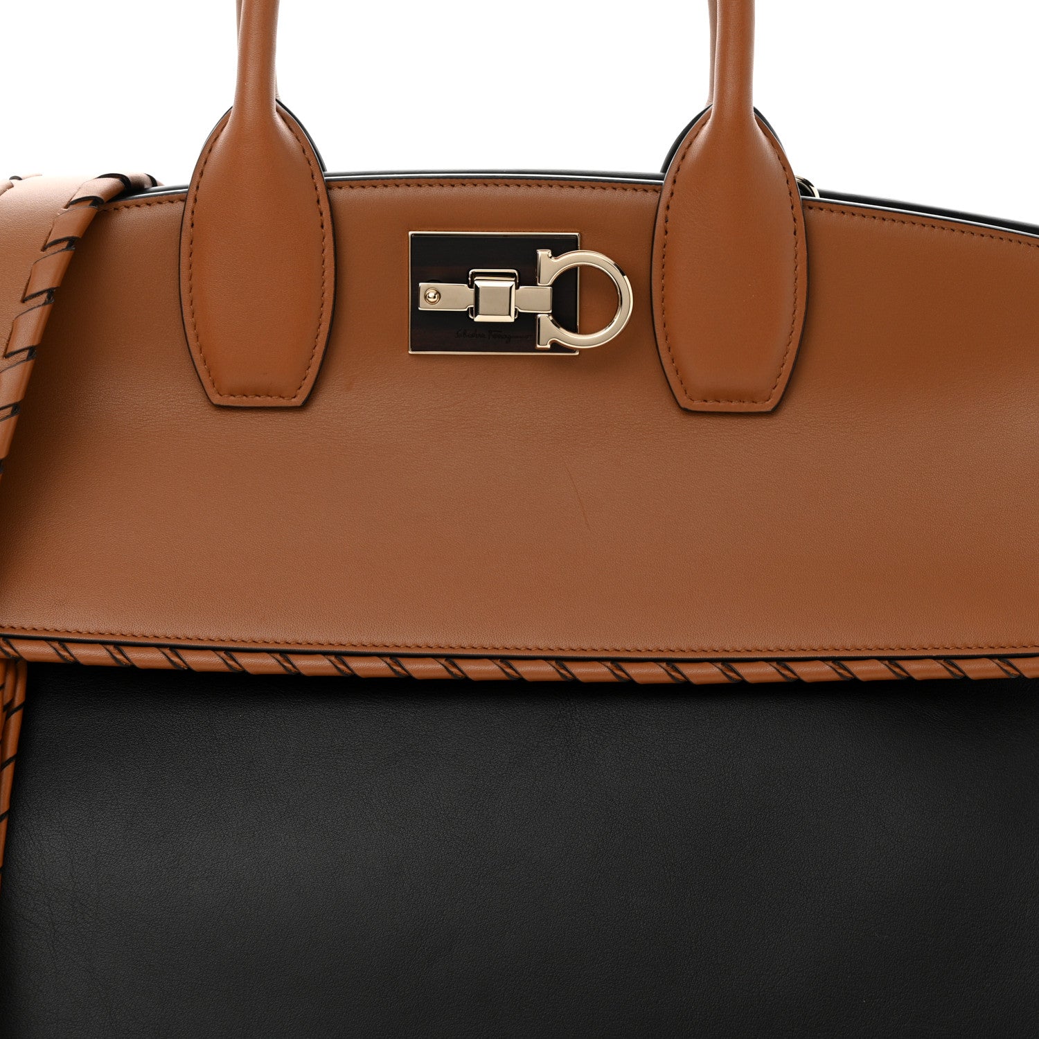 Salvatore Ferragamo Calfskin Woven Large Studio Top Handle Bag Tan Black 7 of 12