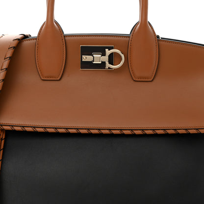 Salvatore Ferragamo Calfskin Woven Large Studio Top Handle Bag Tan Black 7 of 12