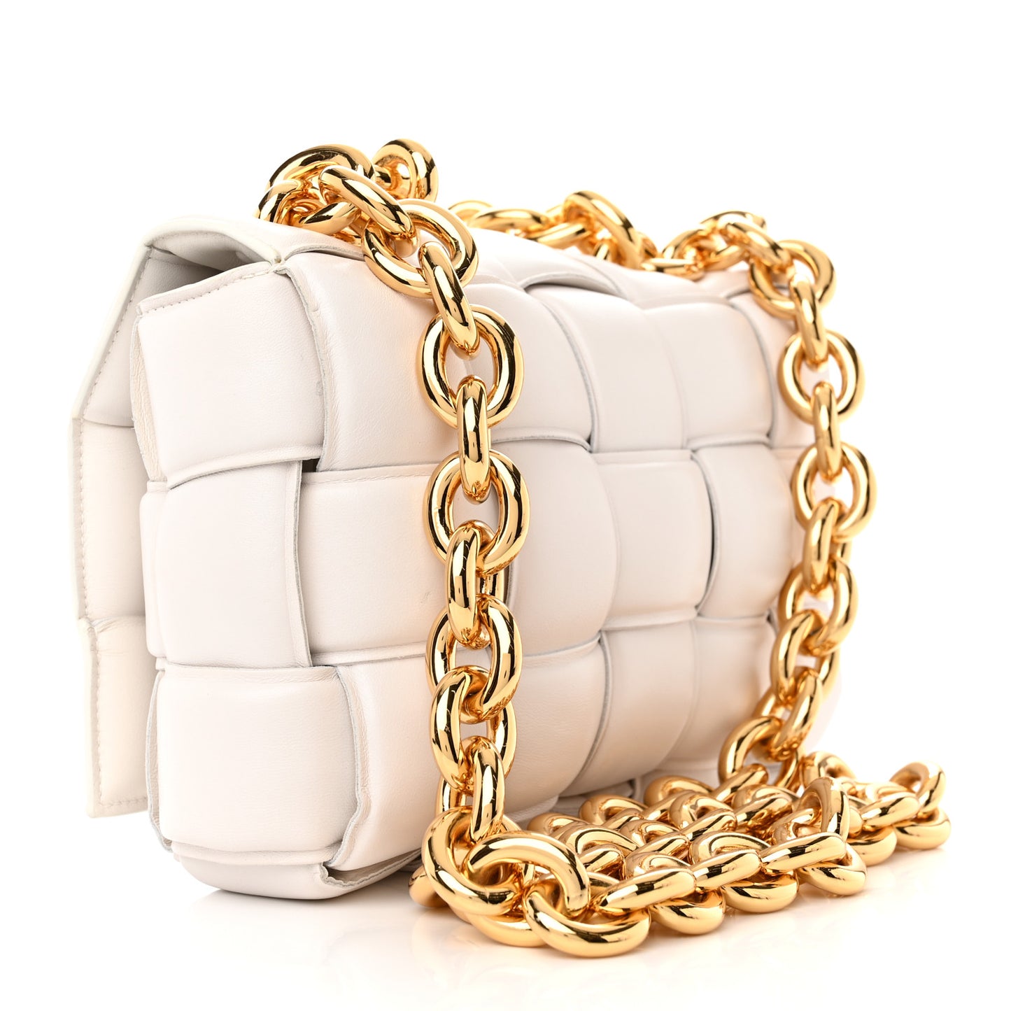 Lambskin Maxi Intreccio Padded Chain Cassette Crossbody Bag White