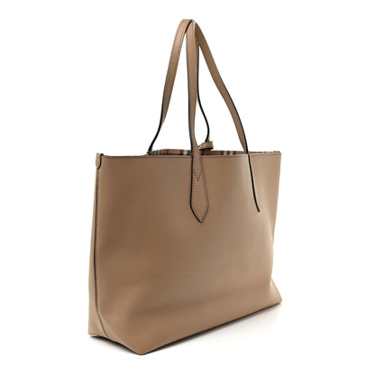 Burberry Grainy Calfskin Haymarket Check Medium Reversible Tote Camel 3 of 24