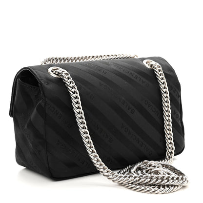 Balenciaga Nylon Jacquard Diagonal Logo Small Scarf Lock Chain Shoulder Bag Black Beige 3 of 9