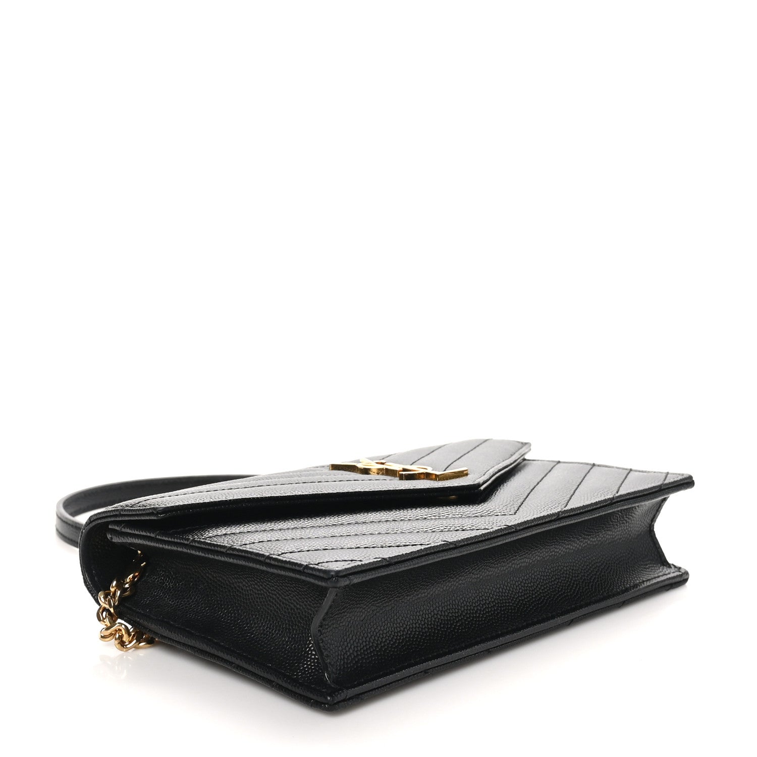 Saint Laurent Grain De Poudre Matelasse Chevron Monogram Envelope Chain Wallet Black 4 of 9