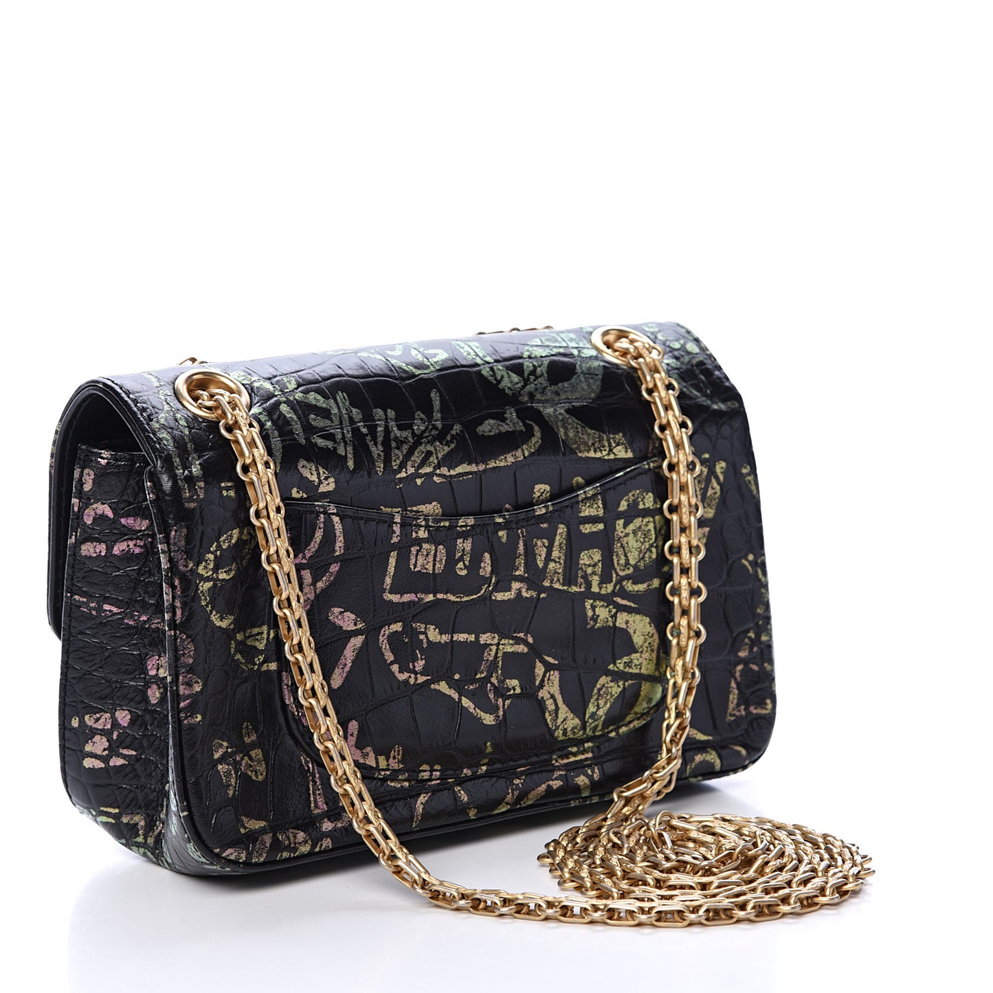 Calfskin Crocodile Embossed Graffiti 2.55 Mini Cocodile Reissue Flap Black Pink