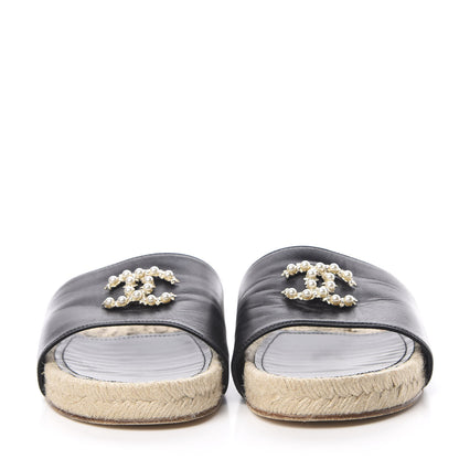 Chanel Lambskin Pearl CC Espadrille Slip On Sandals 39 Black 2 of 11