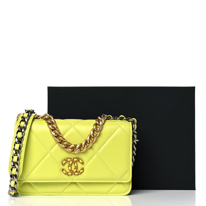 Chanel Shiny Lambskin Quilted Chanel 19 Wallet On Chain WOC Neon Yellow 12 of 12