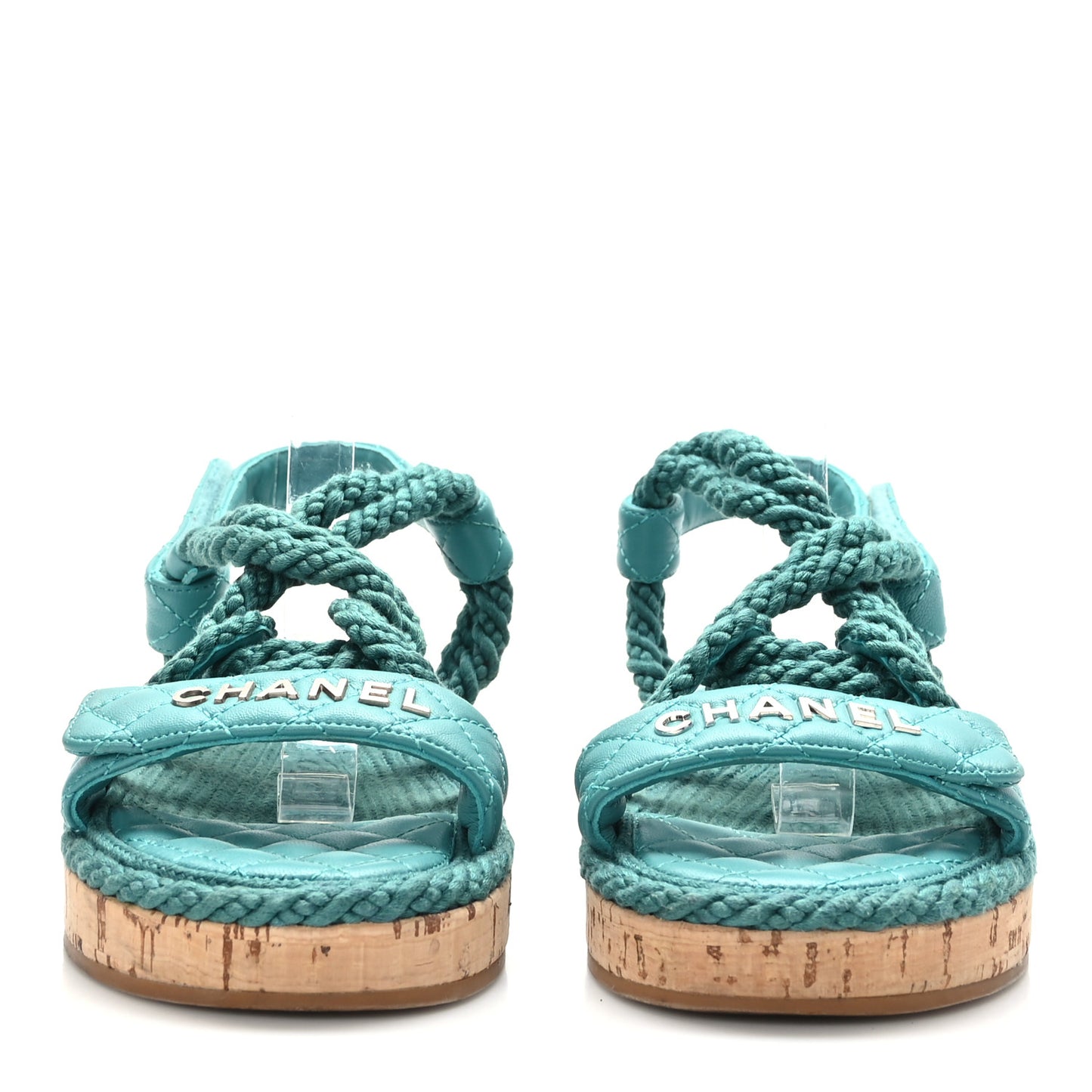 Cord Lambskin Quilted Logo Sandals 38 Teal Blue