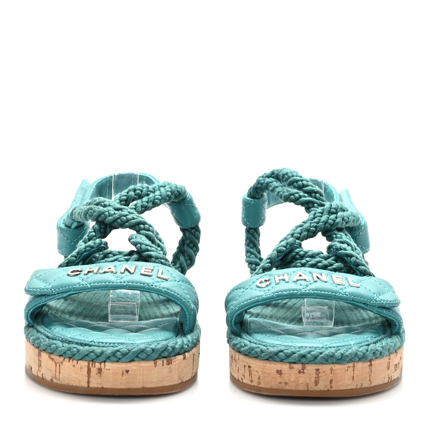 Chanel Cord Lambskin Quilted Logo Sandals 38 Teal Blue 2 of 7