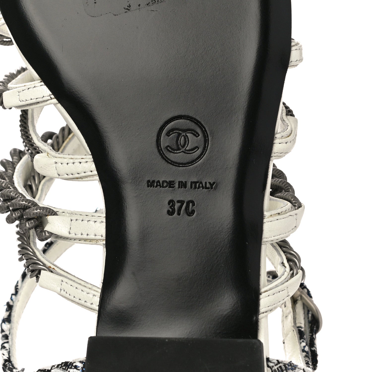 Chanel Tweed Chain Flat Sandals 37 White 8 of 12