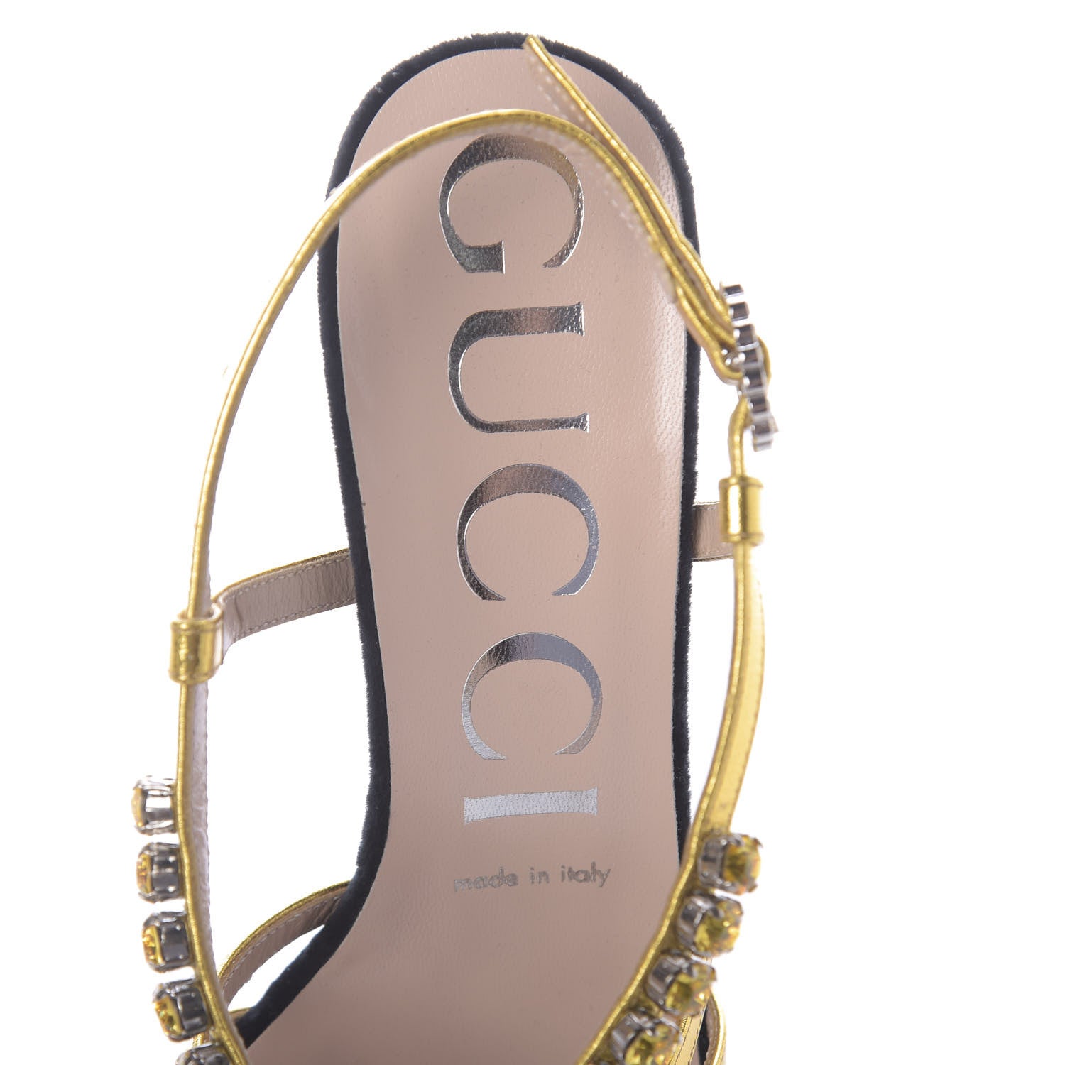 Gucci Velvet Nappa Crystal Zephyra Slingback Platform High Heel Sandals 37 Black Gold 5 of 7