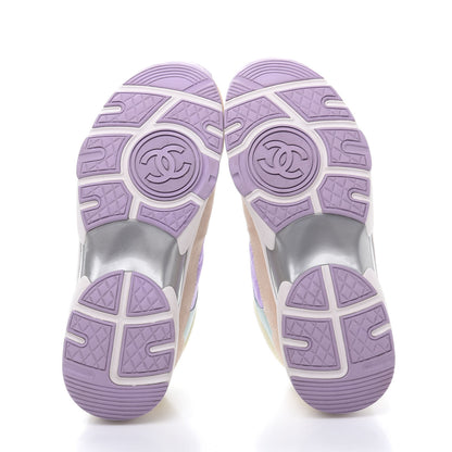 Chanel Nylon Lambskin Suede Calfskin CC Sneakers 37.5 Green Purple Pink 5 of 9
