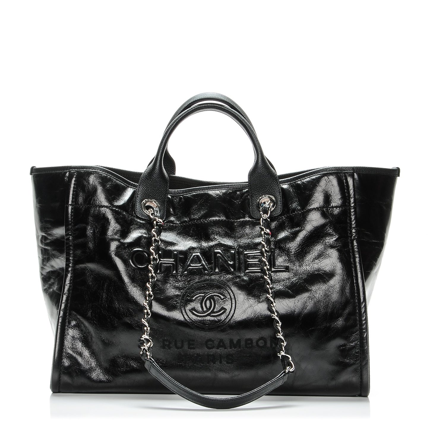 Glazed Calfskin Large Deauville Tote Black