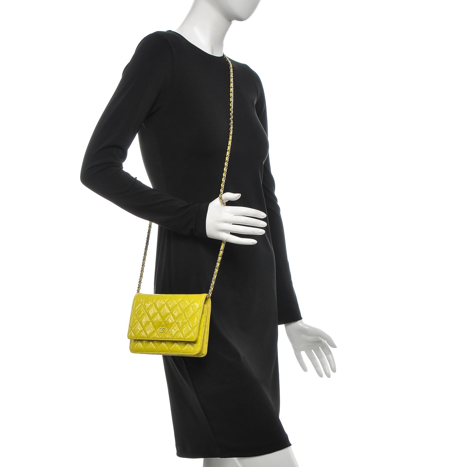 Chanel Patent Quilted Wallet On Chain WOC Yellow 2 of 8