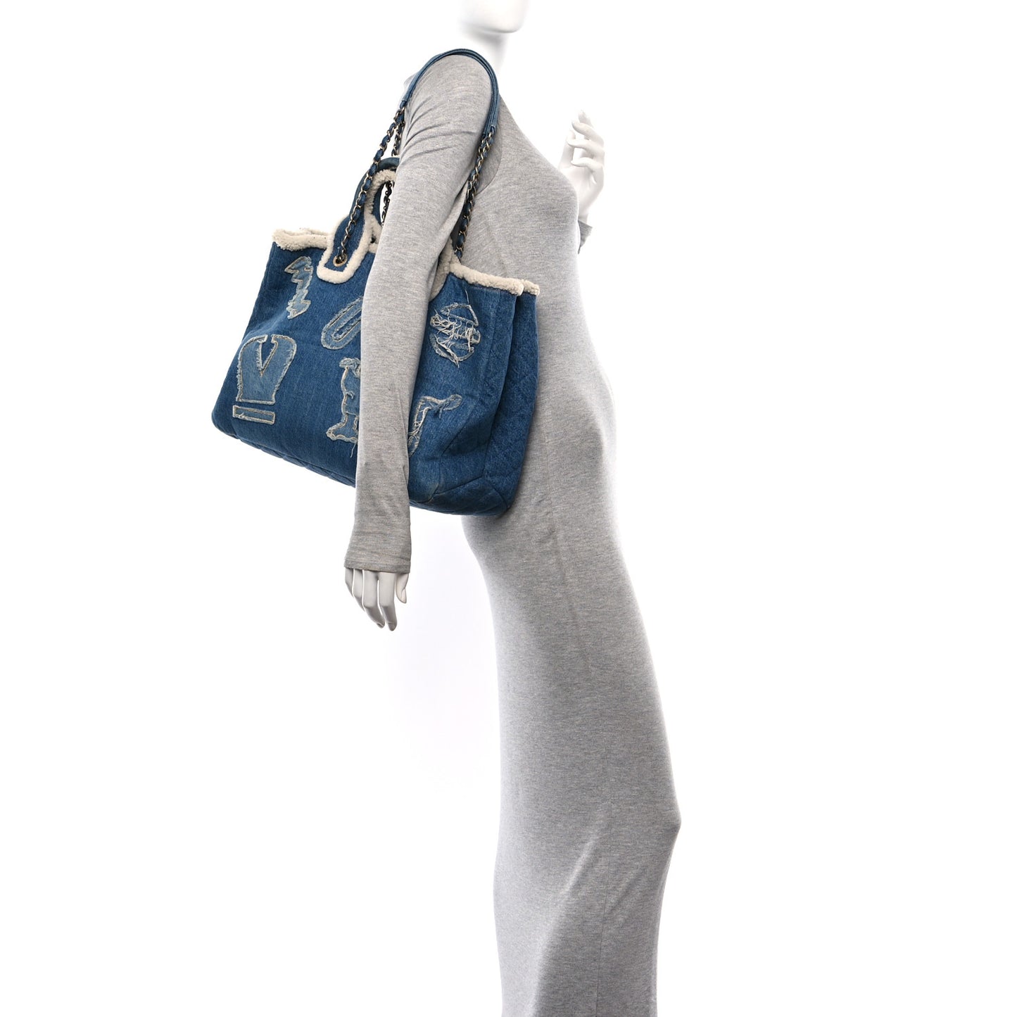 Denim Shearling Hieroglyph Coco Tote Blue