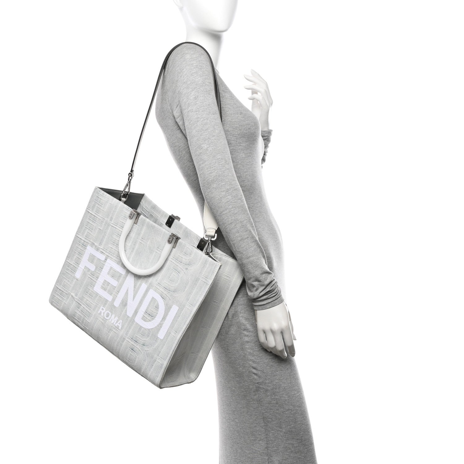Fendi X MARC JACOBS Bleached Denim Vitello King Plexiglass Logo Medium Sunshine Shopper Tote Off White 2 of 16