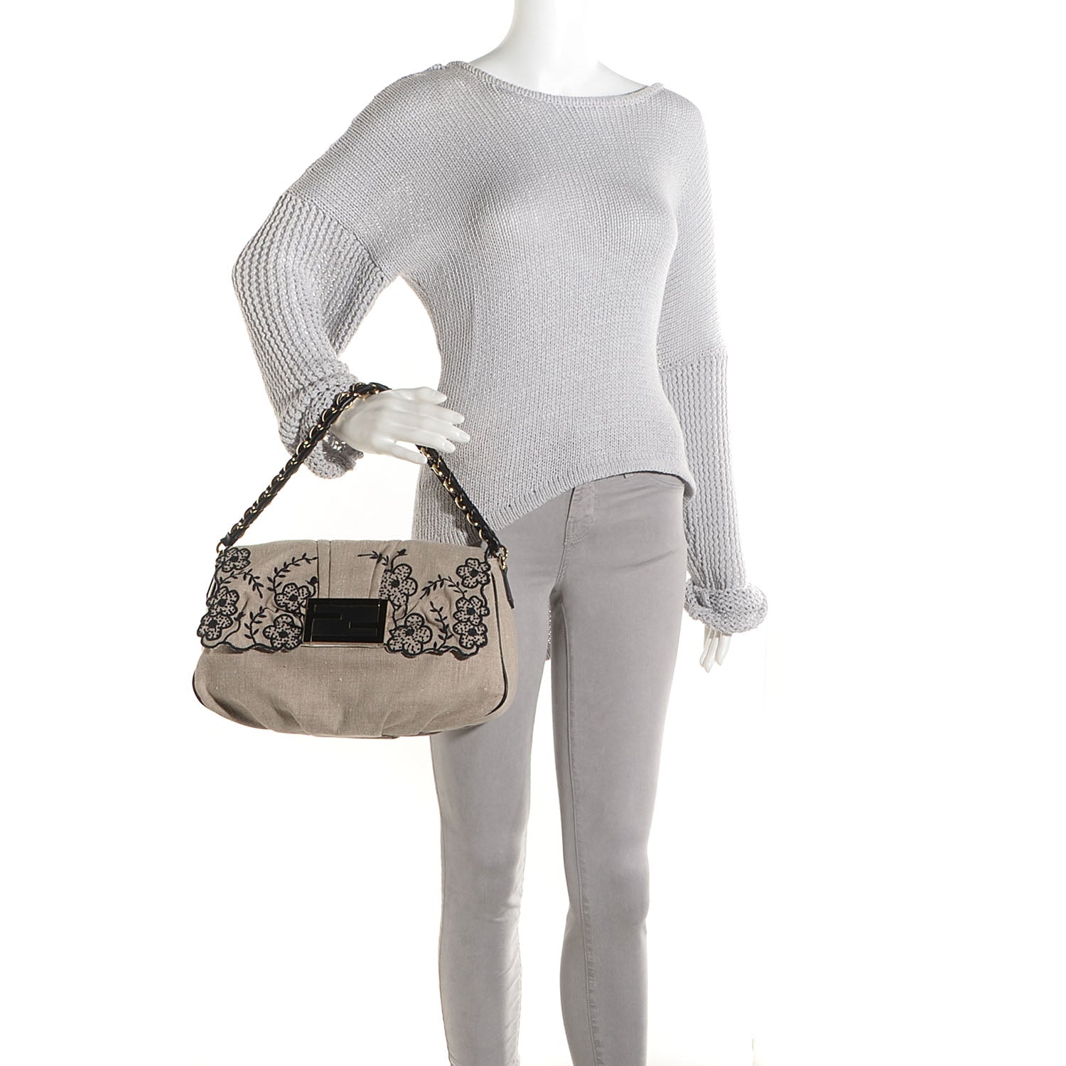 Fendi Linen Embroidered Mia Shoulder Flap Beige Black 2 of 9