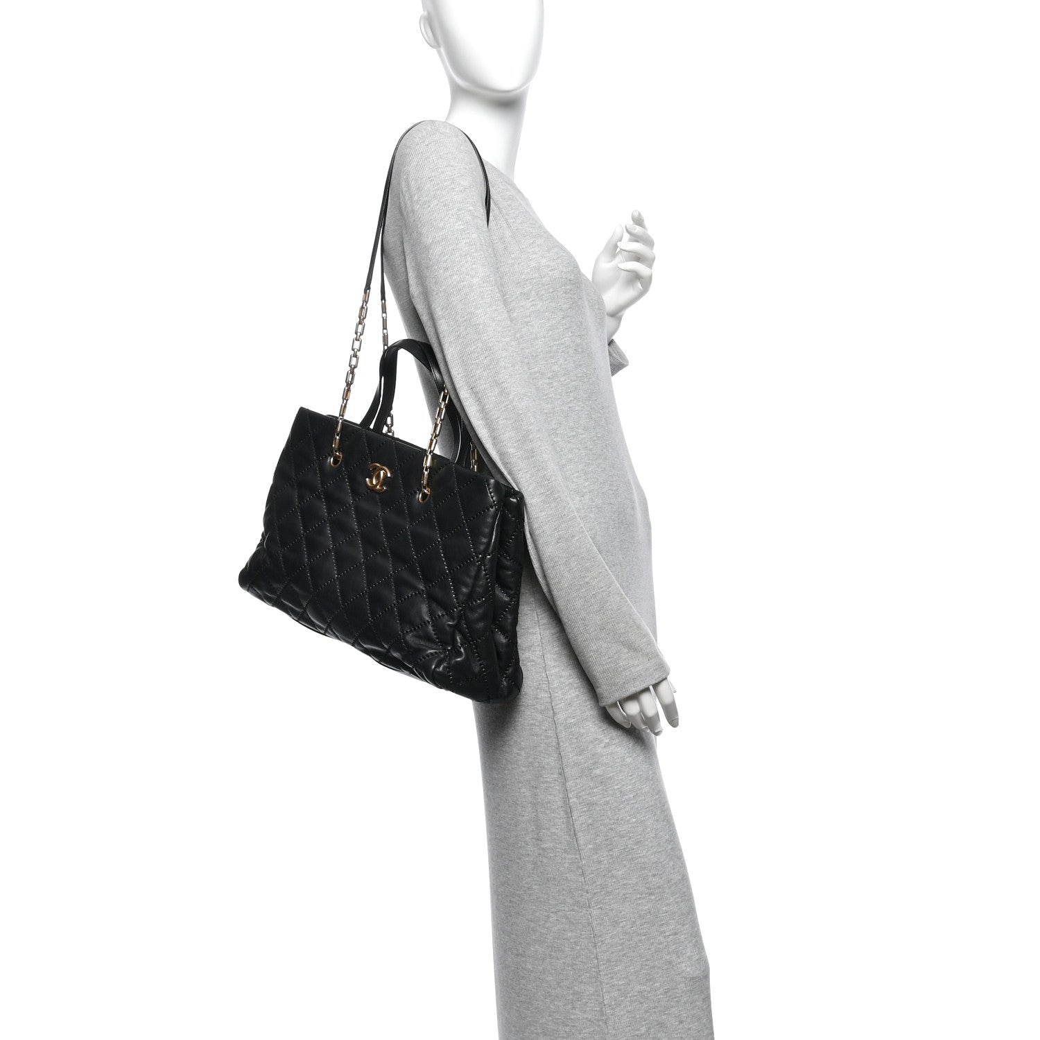 Chanel Calfskin Quilted Large Retro Chain Shopping Tote  Black 2 of 14