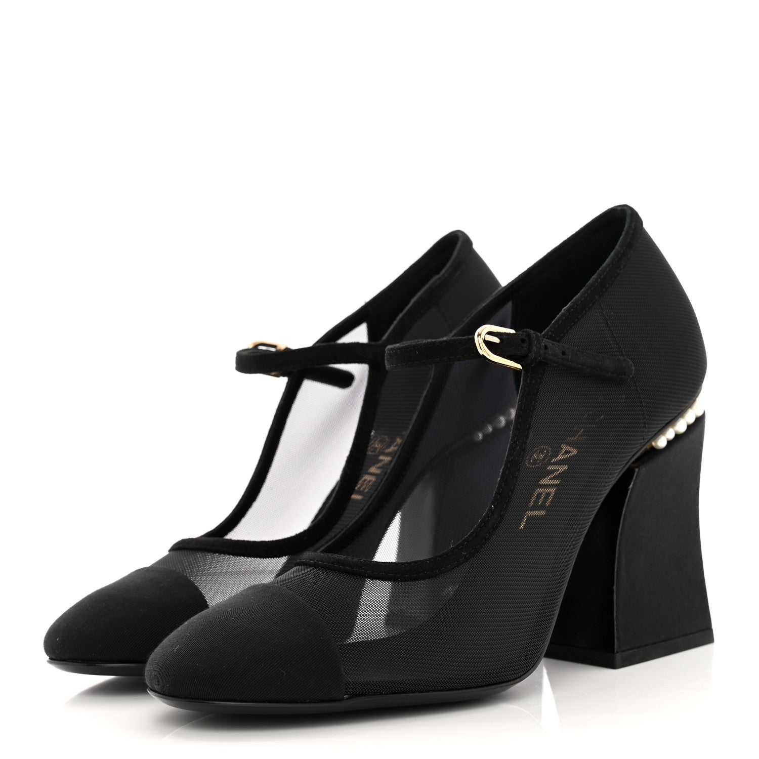Chanel Mesh Suede Grosgrain Pearls Cap Toe Open Slingback Pumps 37 Black 3 of 9