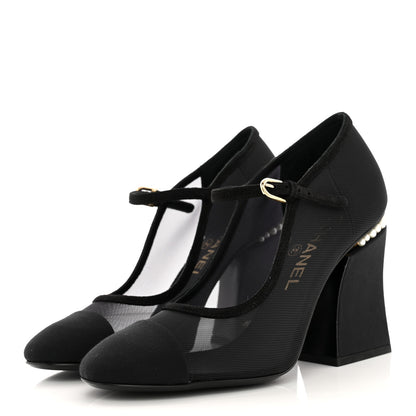 Chanel Mesh Suede Grosgrain Pearls Cap Toe Open Slingback Pumps 37 Black 3 of 9