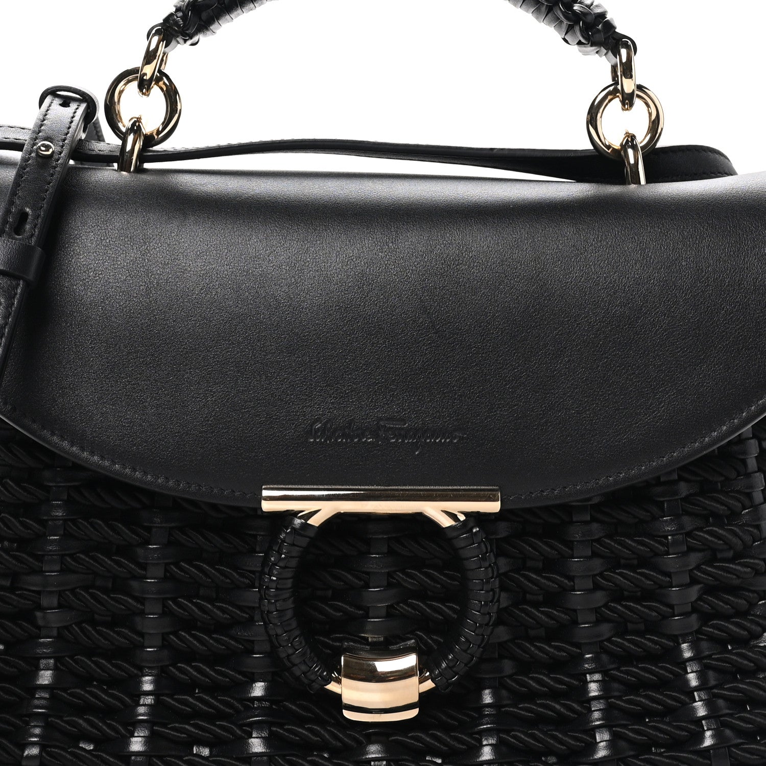 Salvatore Ferragamo Calfskin Wicker Margot Top Handle Satchel Black 6 of 8
