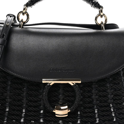 Salvatore Ferragamo Calfskin Wicker Margot Top Handle Satchel Black 6 of 8