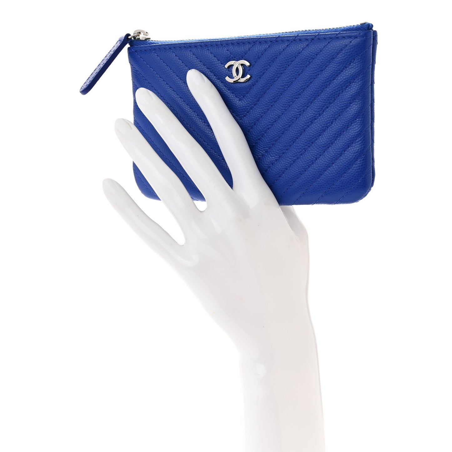Caviar Chevron Quilted Small Cosmetic Case Blue