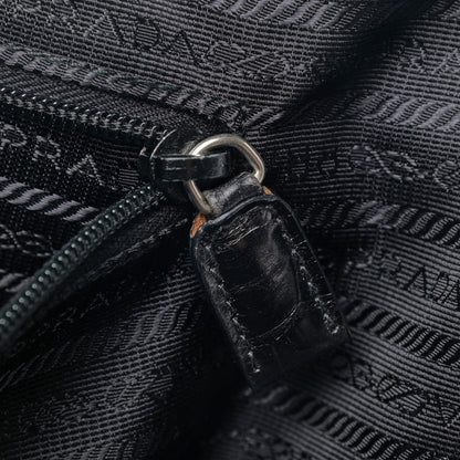 Prada Tessuto Nylon Calfskin Crocodile Embossed Tote Black 8 of 14
