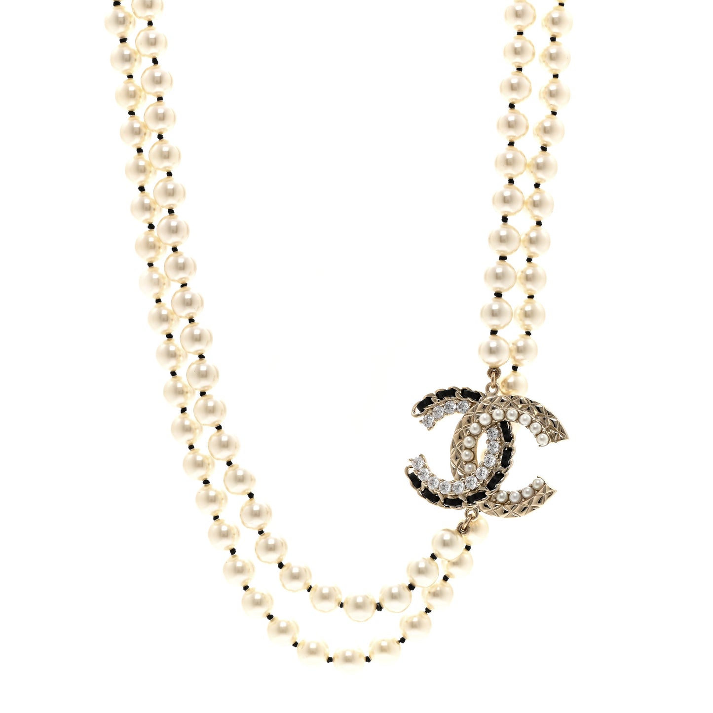 Pearl Crystal Lambskin CC Long Necklace Gold Black