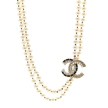 Chanel Pearl Crystal Lambskin CC Long Necklace Gold Black 1 of 6