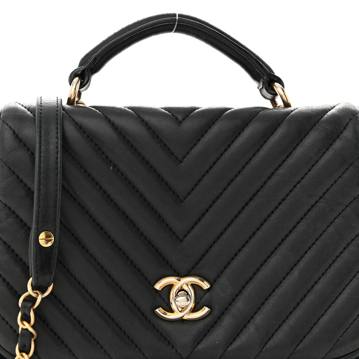 Lambskin Reverse Chevron Quilted Round Top Handle Flap Black