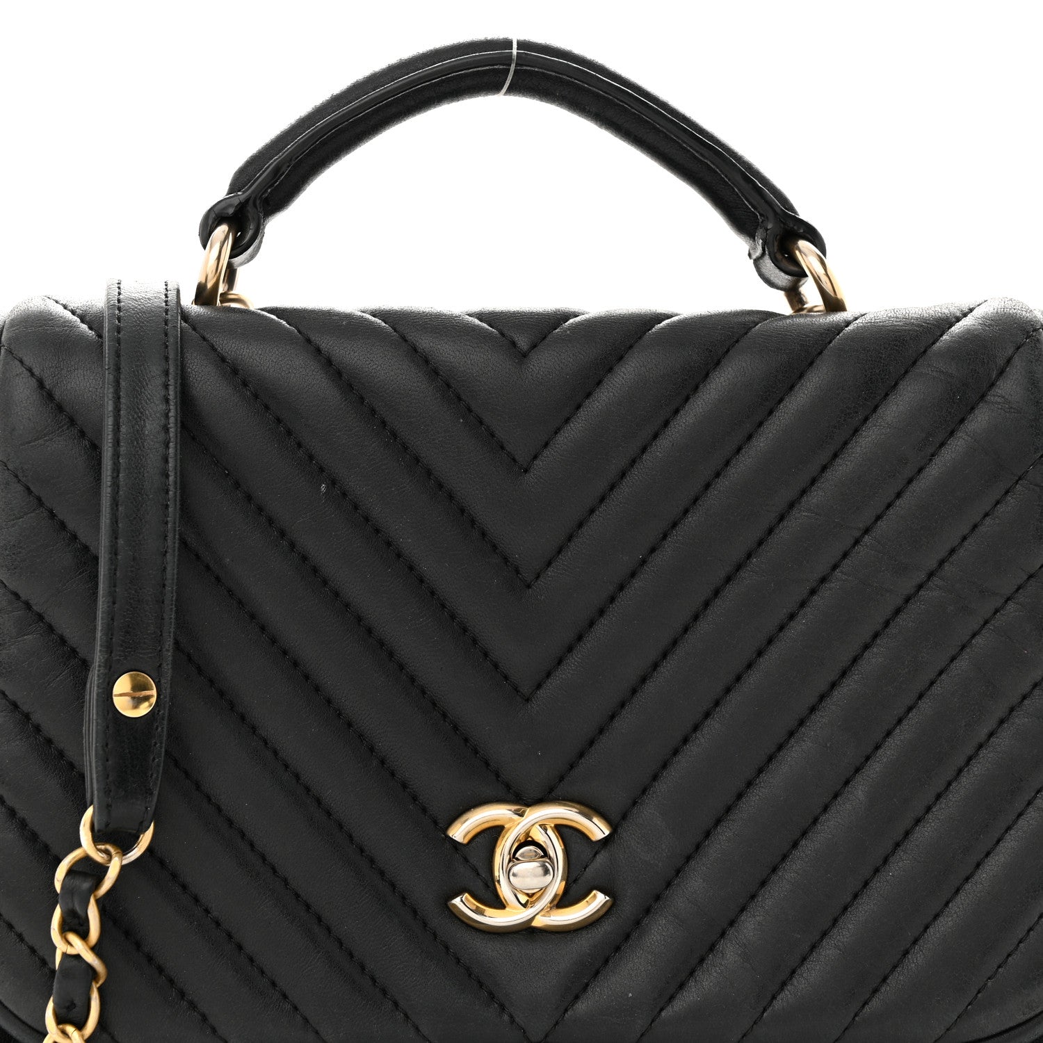 Chanel Lambskin Reverse Chevron Quilted Round Top Handle Flap Black 8 of 19