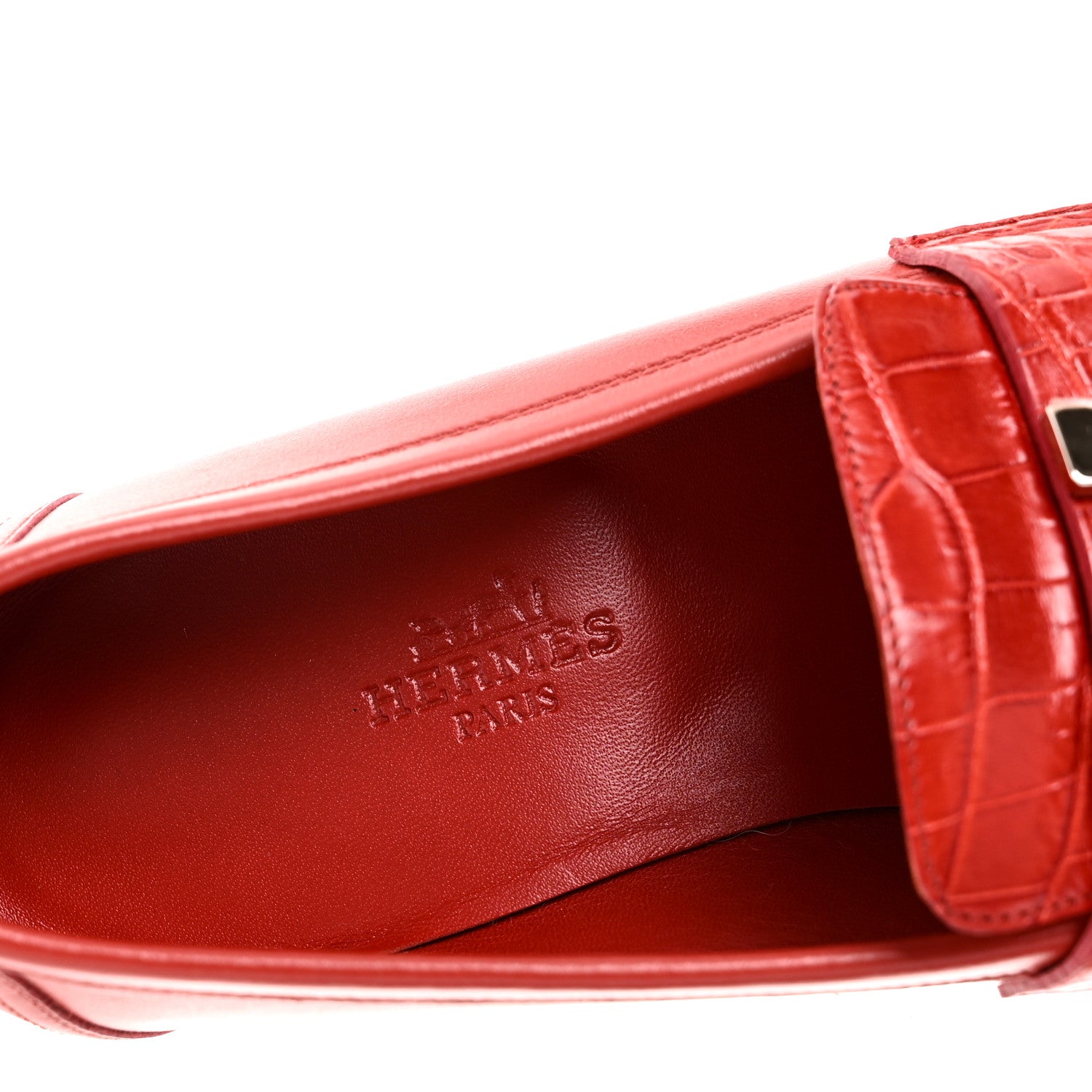 Hermes Calfskin Matte Crocodile Womens Paris Loafers 36 Orange
