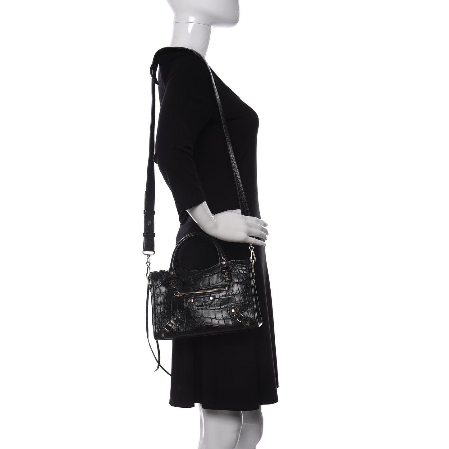 Calfskin Crocodile Embossed Classic SIlver Hardware Mini City Black
