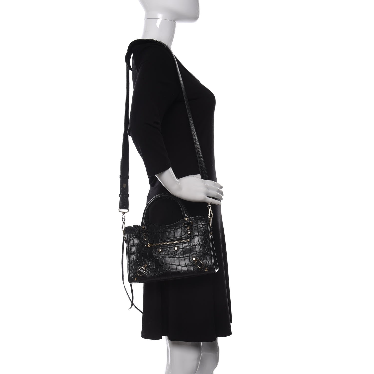 Balenciaga Calfskin Crocodile Embossed Classic SIlver Hardware Mini City Black 2 of 10