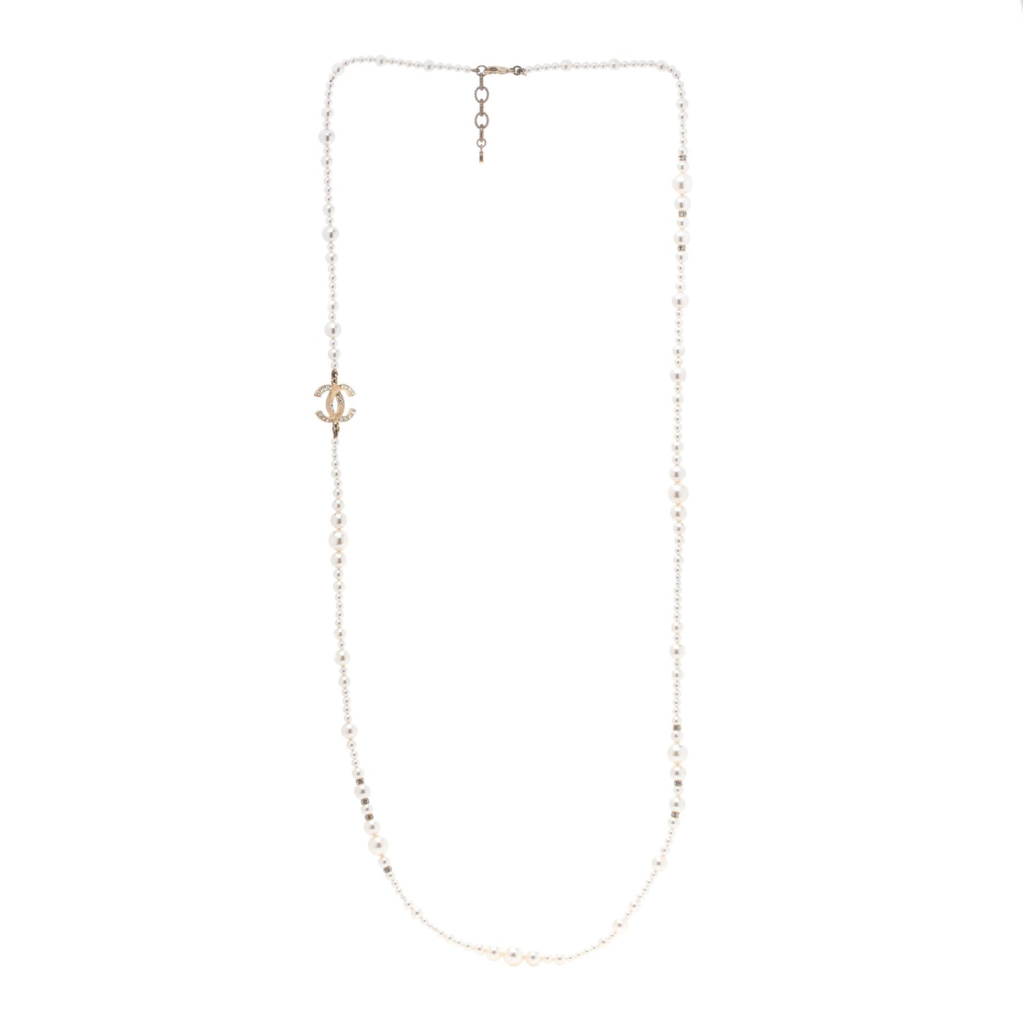 Pearl Baguette Crystal CC Necklace Gold