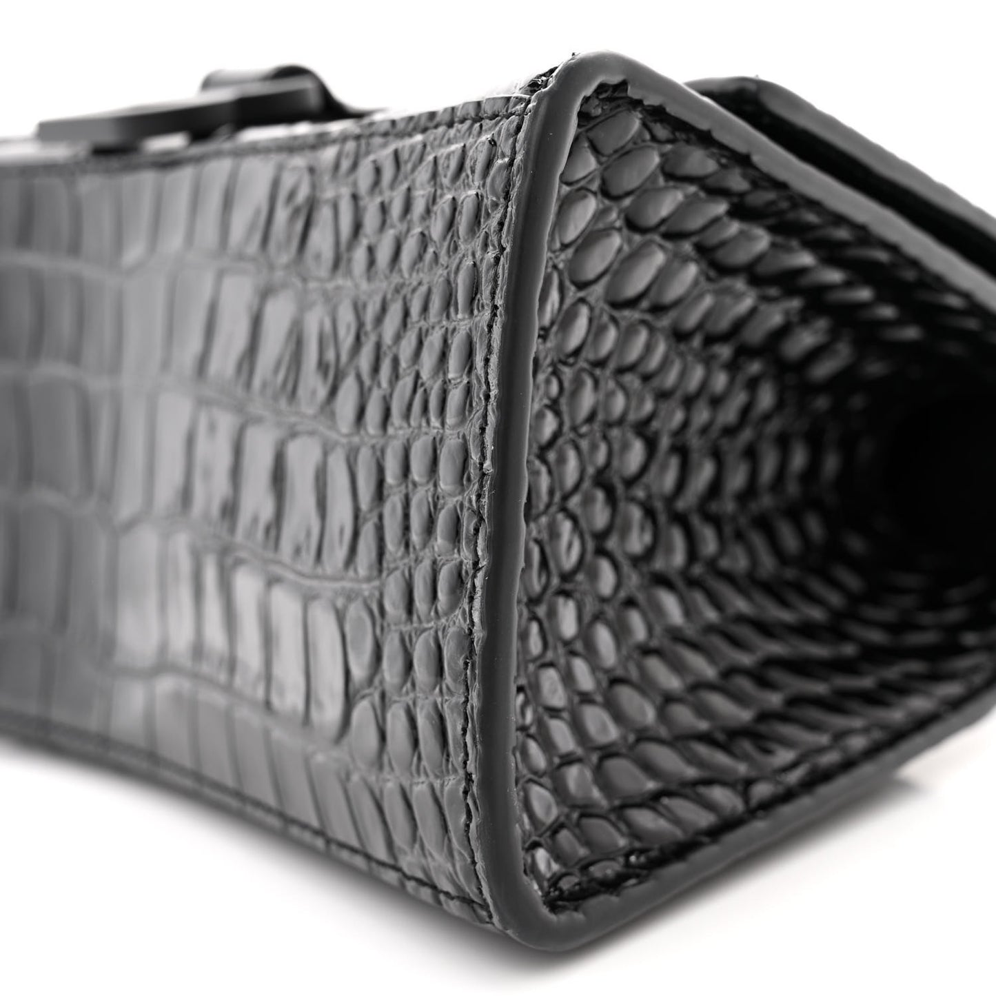 Shiny Calfskin Monochrome Crocodile Embossed Small Hourglass Top Handle Bag Black