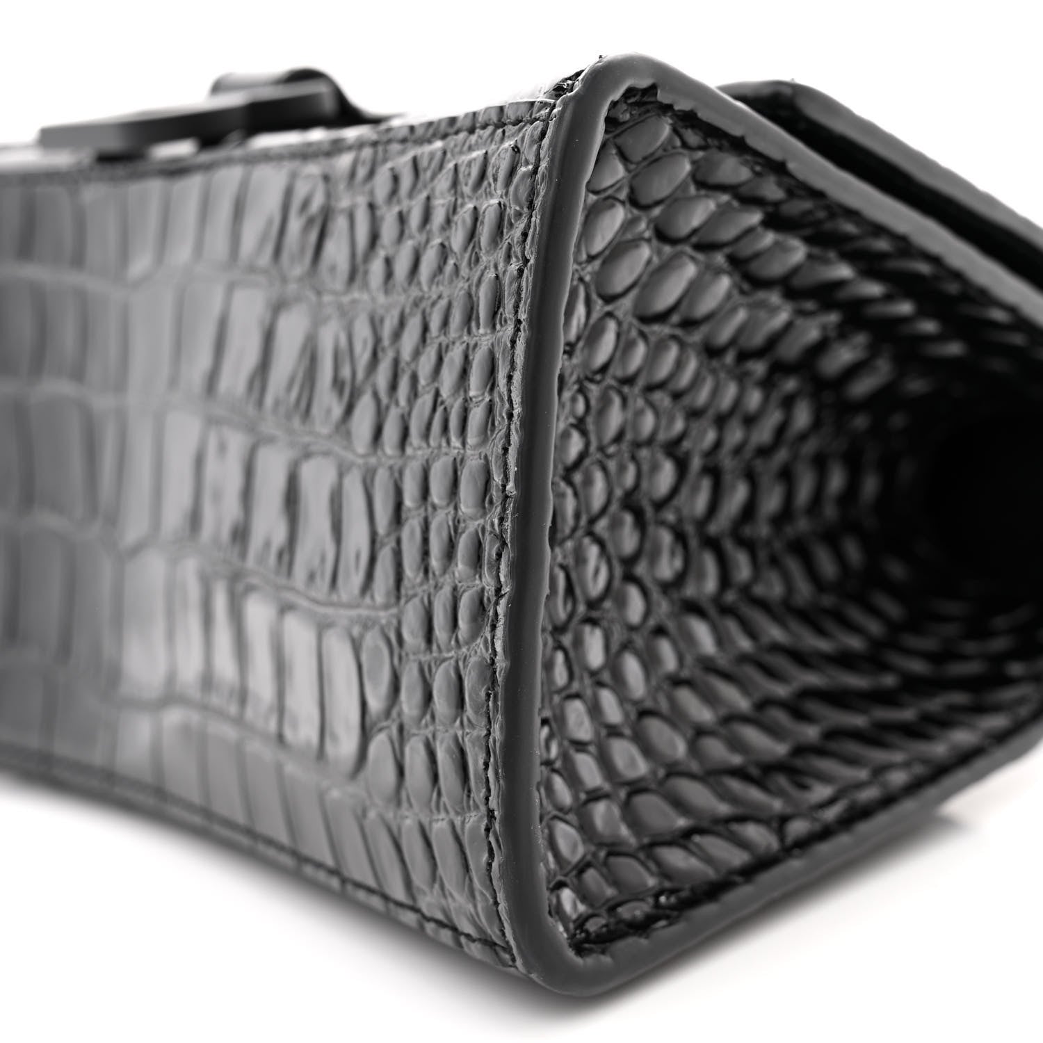 Balenciaga Shiny Calfskin Monochrome Crocodile Embossed Small Hourglass Top Handle Bag Black 9 of 10