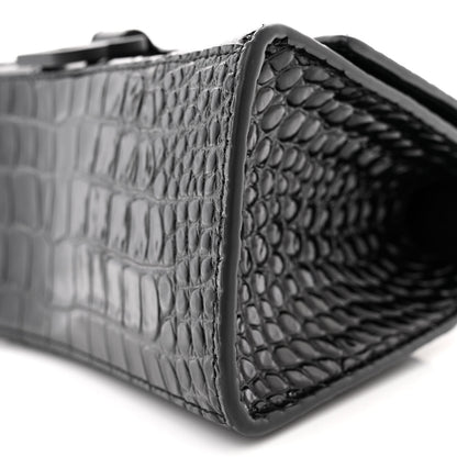 Balenciaga Shiny Calfskin Monochrome Crocodile Embossed Small Hourglass Top Handle Bag Black 9 of 10