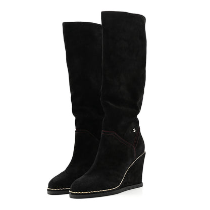 Chanel Suede Calfskin Chain Around High Boots 40 Black 3 of 14