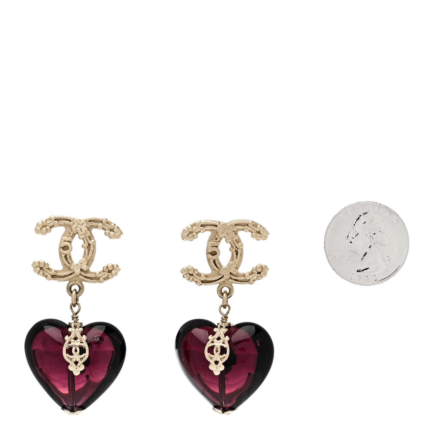 Crystal CC Heart Drop Earrings Gold Purple